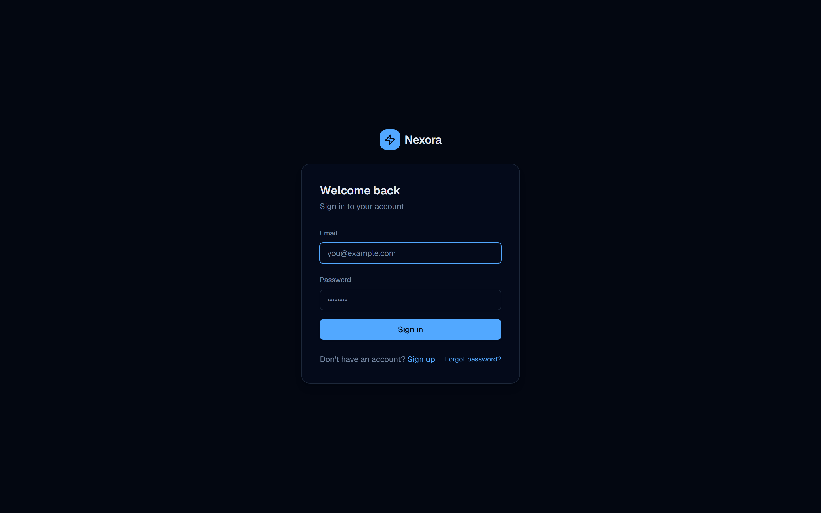 Nexora login screen