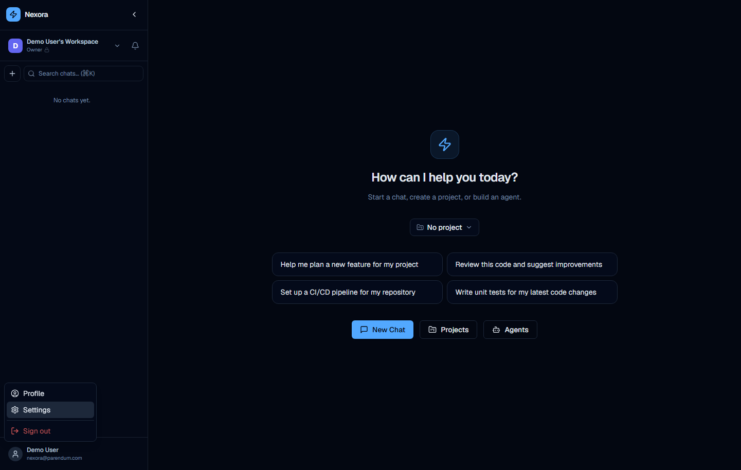 Sidebar user dropdown open with Settings highlighted in blue