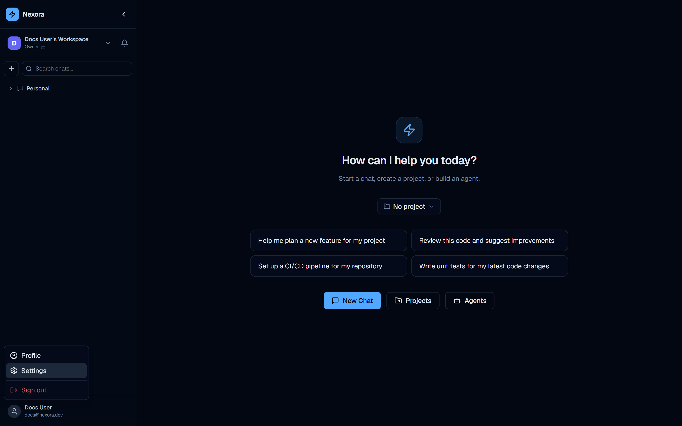 Sidebar user dropdown open with Settings highlighted in blue