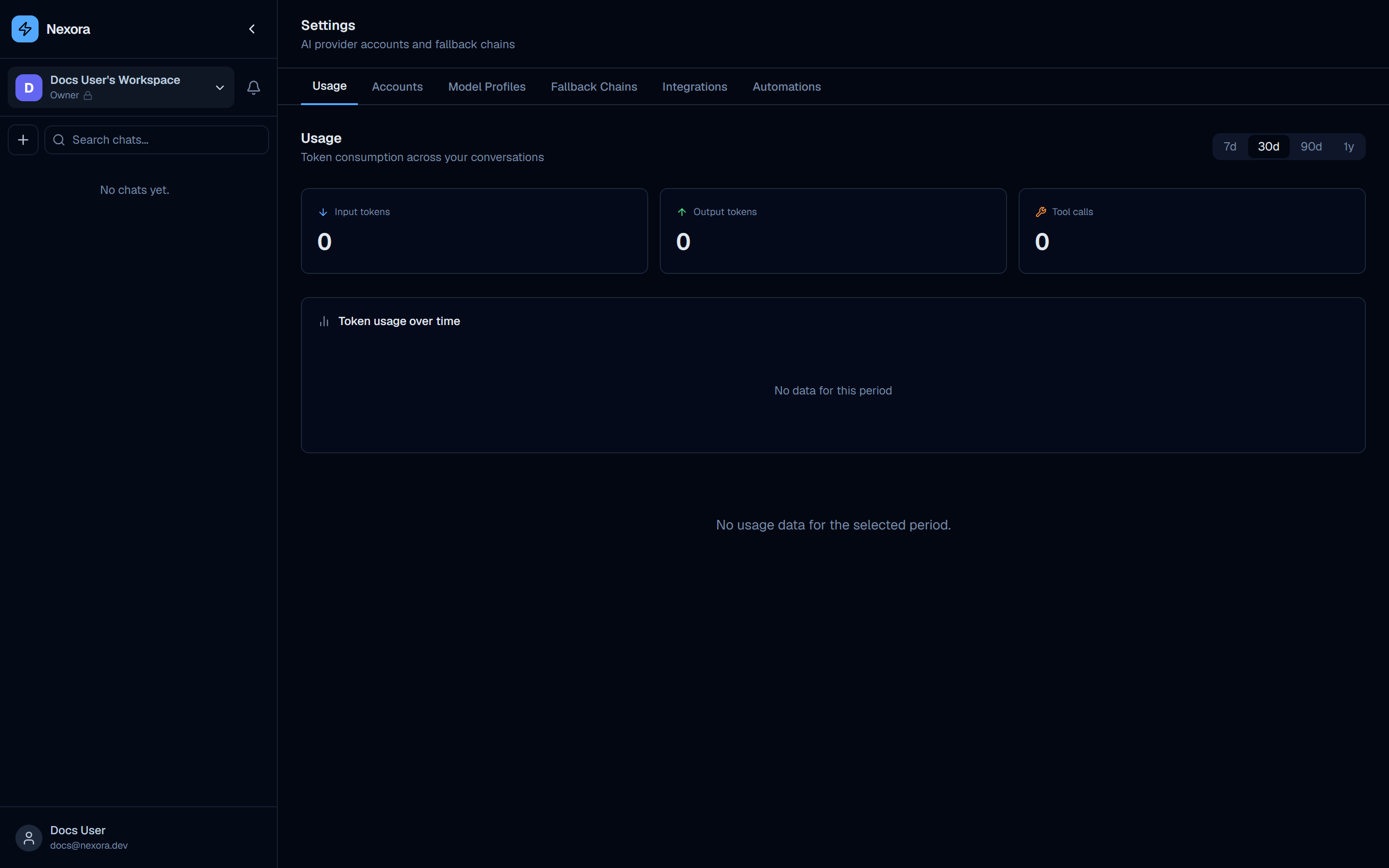 Settings page showing the Usage tab with token stat cards and usage chart