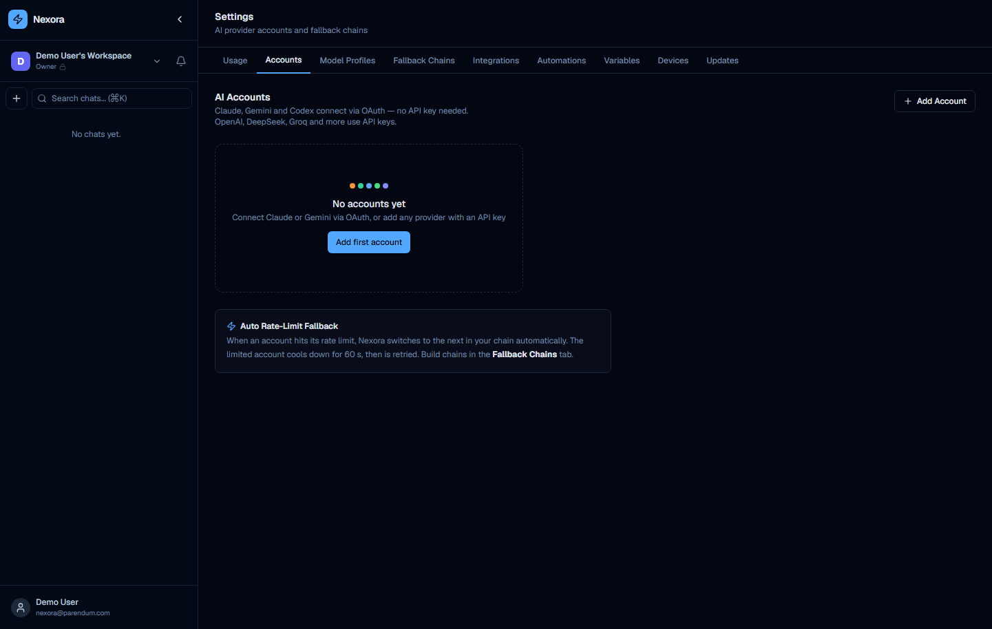 Settings Accounts tab — empty state