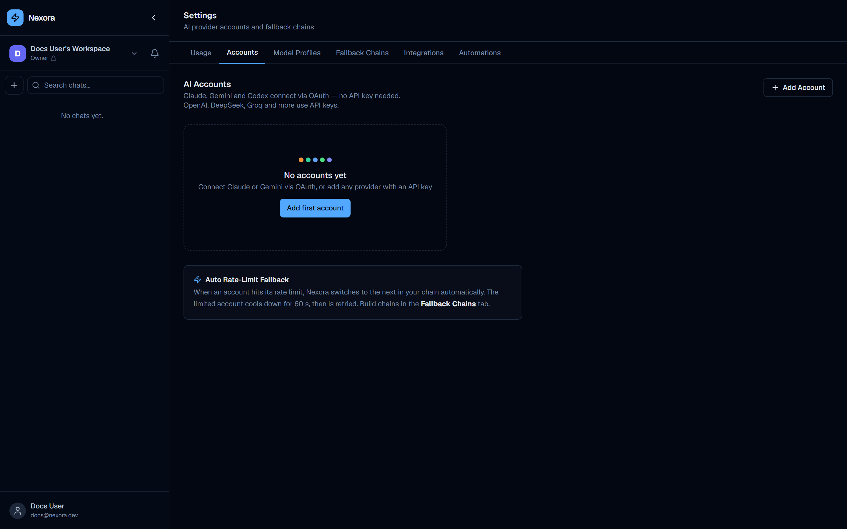 Settings Accounts tab empty state with colorful provider dots