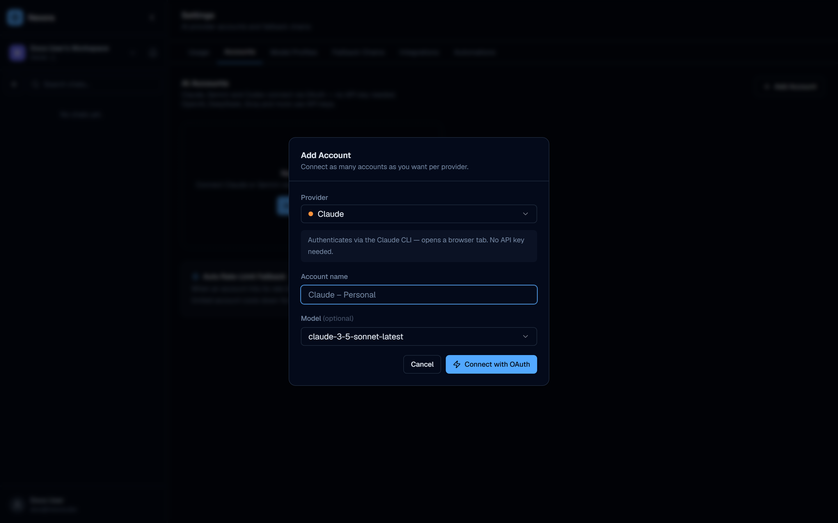 Add Account modal with provider dropdown showing Claude and OAuth instructions