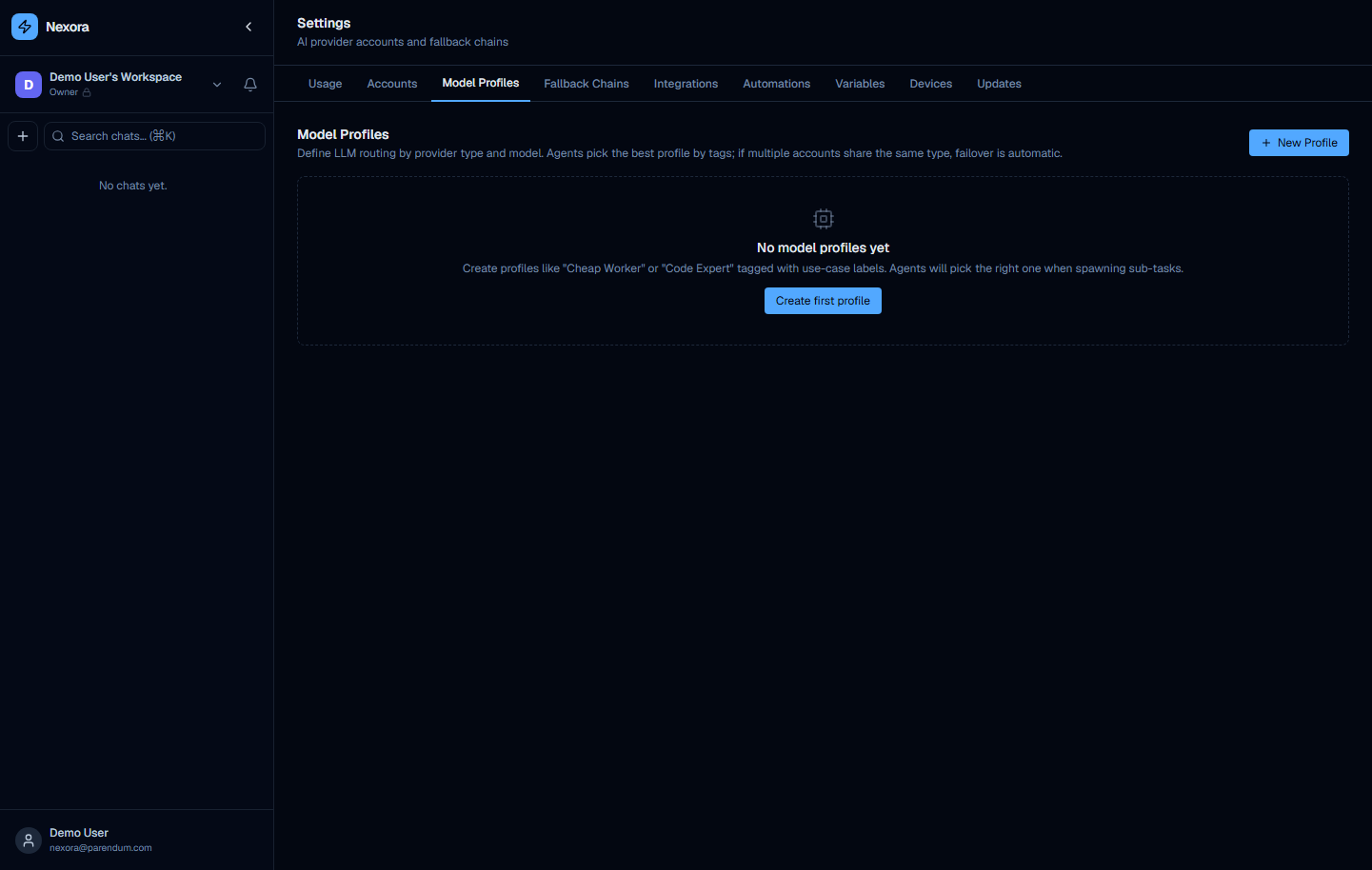 Settings Model Profiles tab