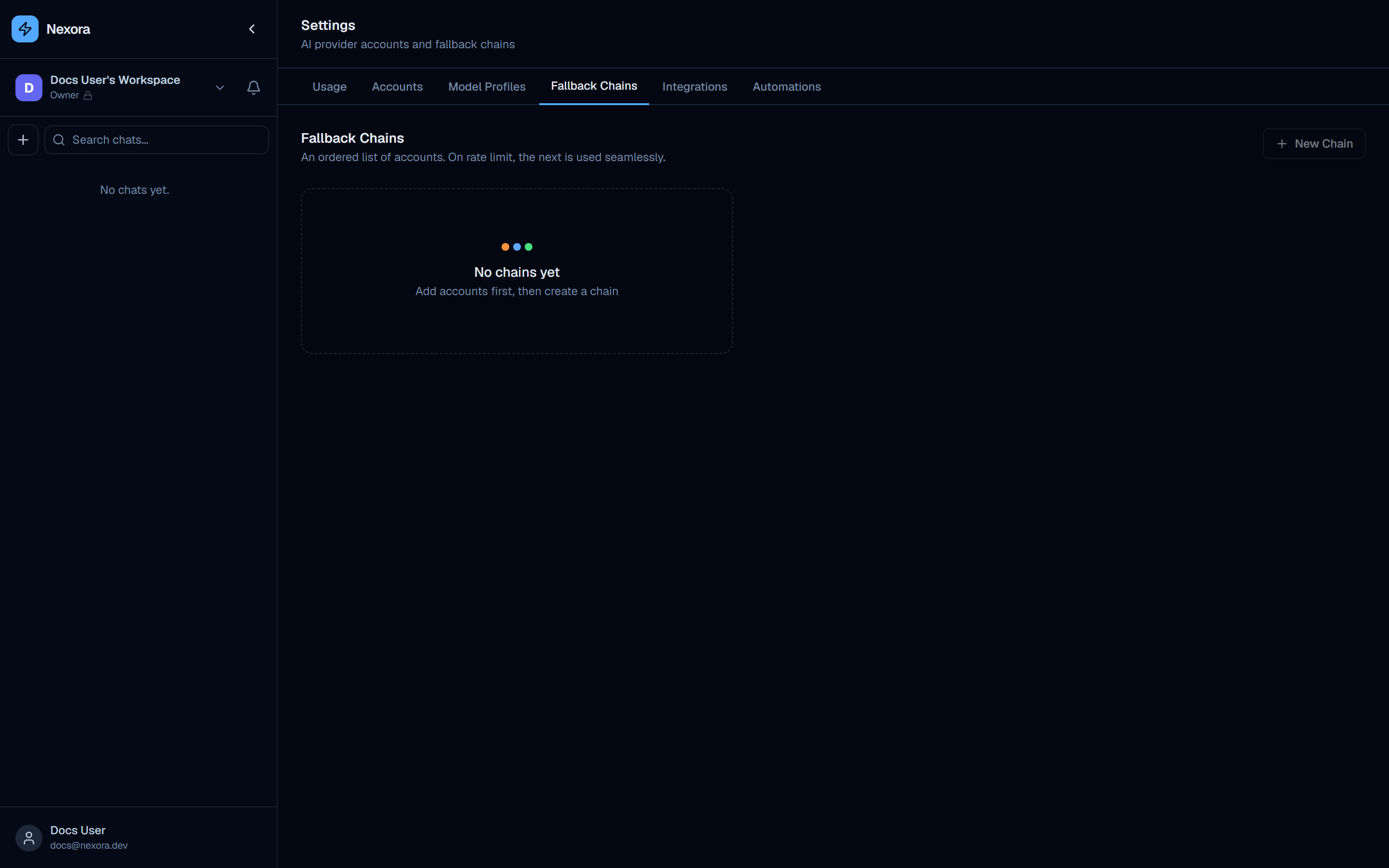 Settings Fallback Chains tab with ordered account list