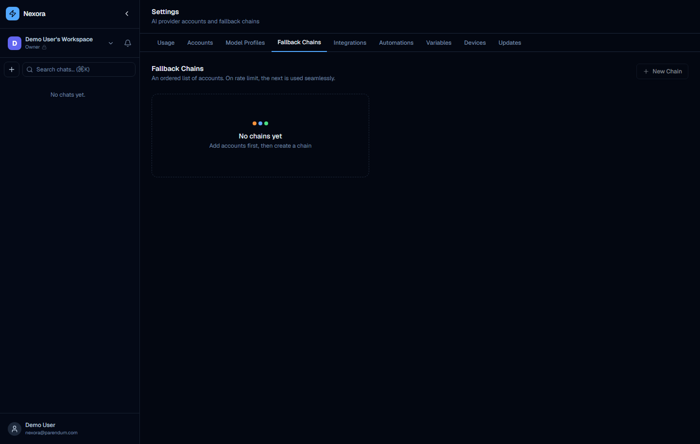 Settings Fallback Chains tab with ordered account list