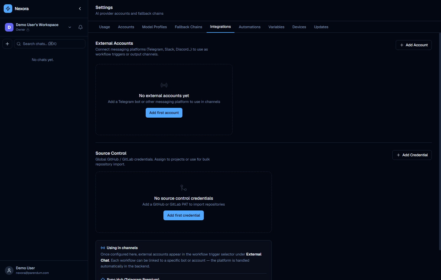 Settings Integrations tab showing external service connectors