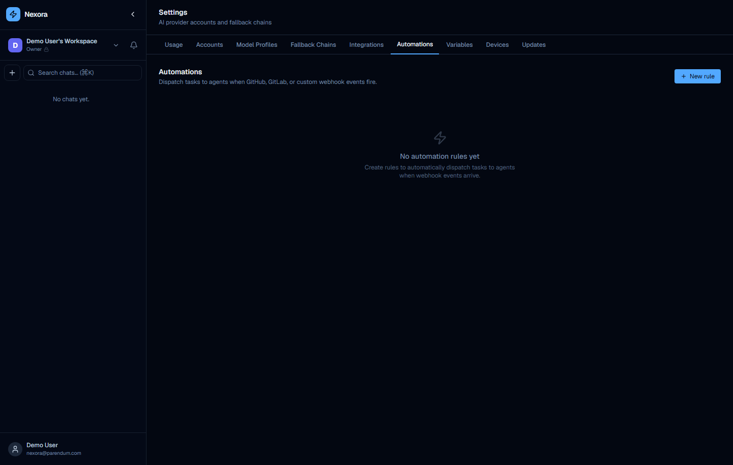 Settings Automations tab with rule configuration
