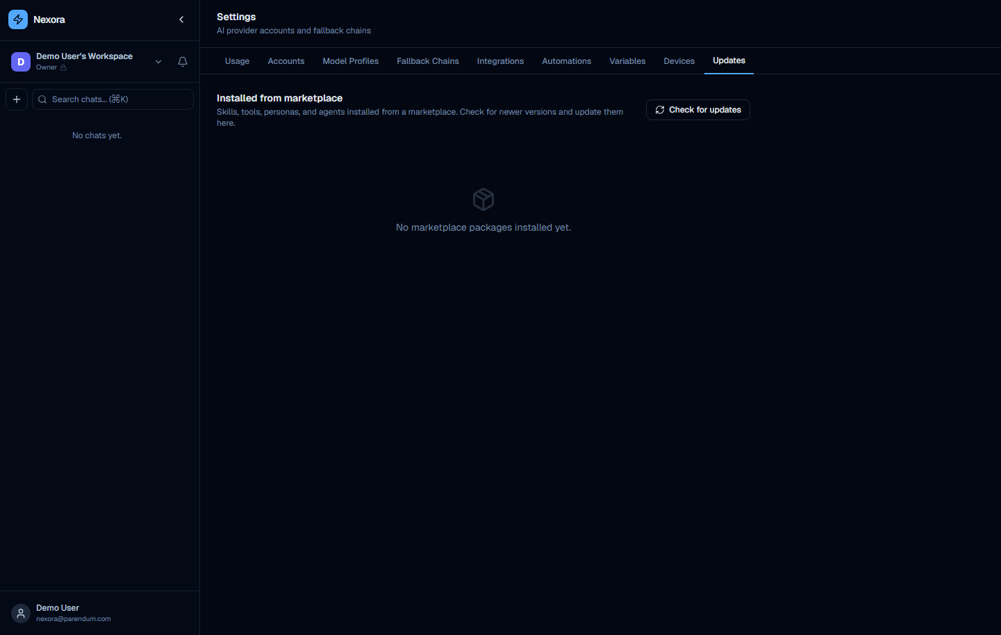 Settings Updates tab listing installed marketplace packages with available updates