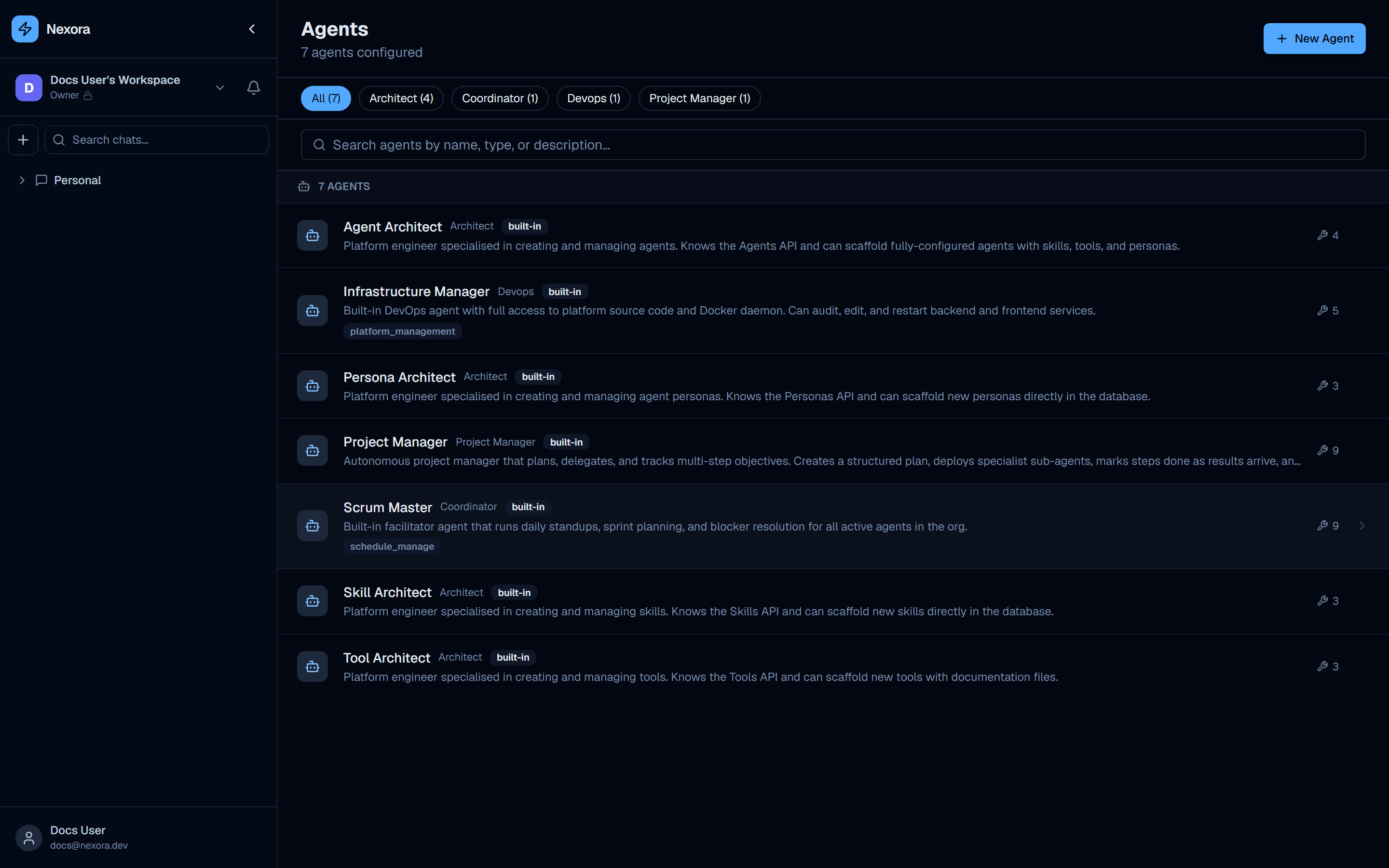 Agents list page showing the 7 built-in agents