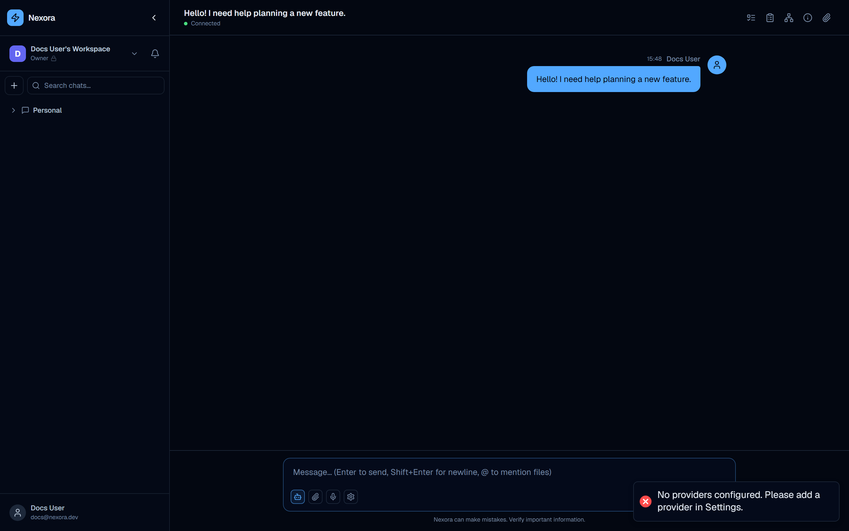 Chat view with a sent message and agent response