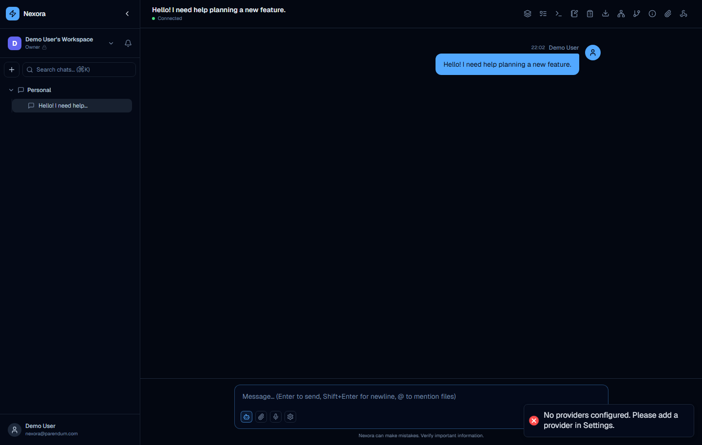 Chat view with a sent message and agent response