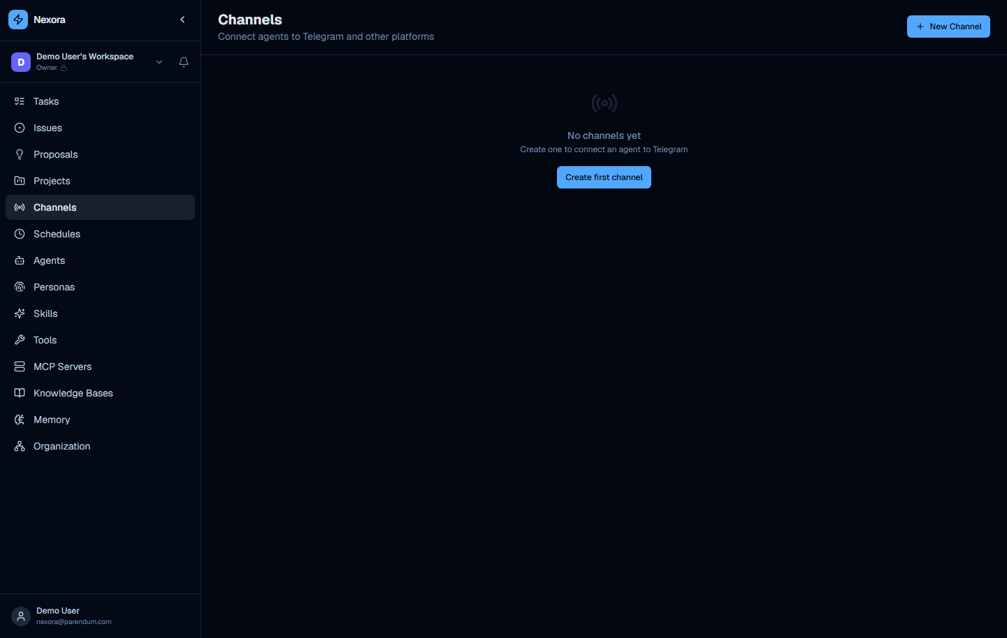 Channels page empty state with broadcast icon