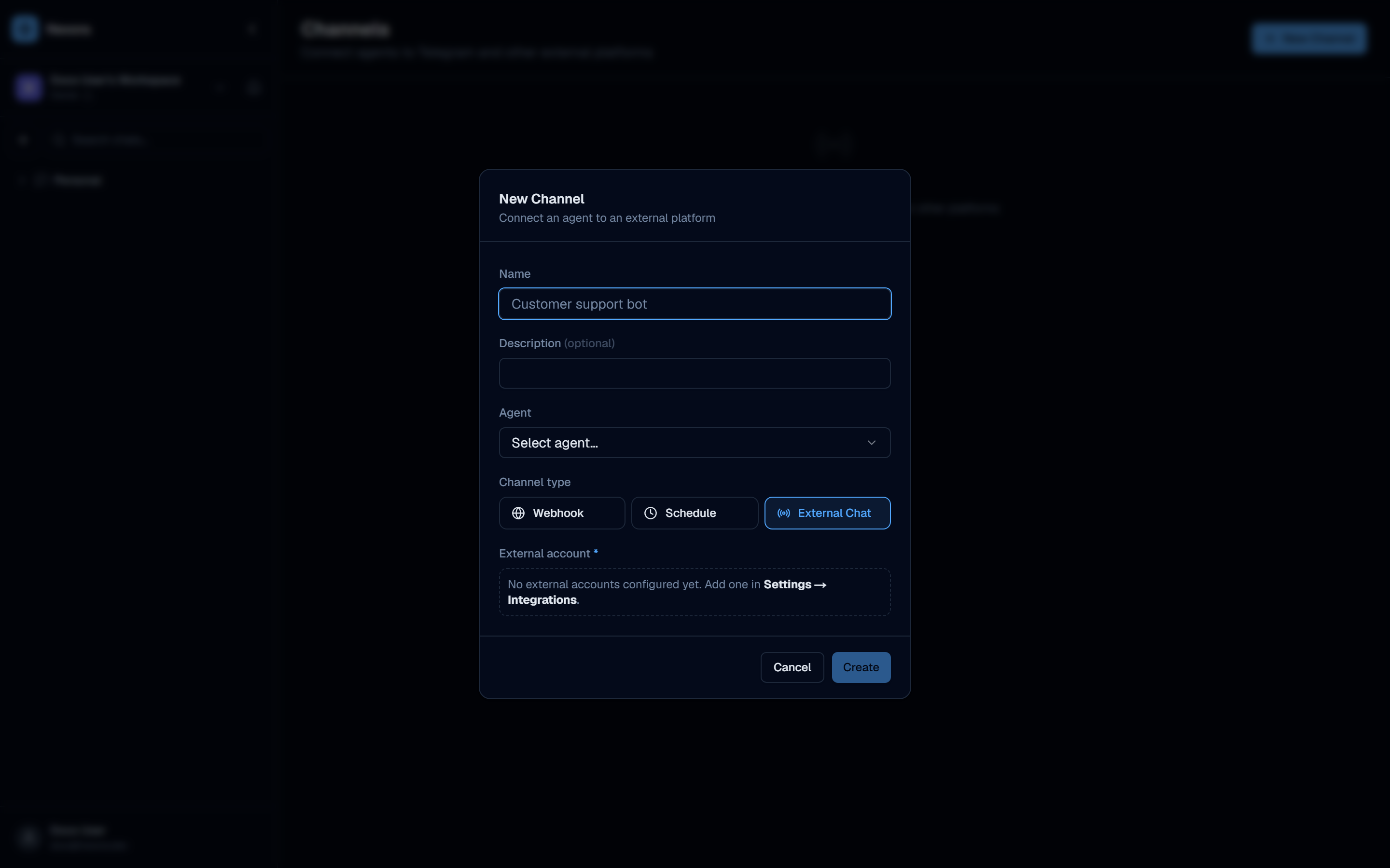 New Channel modal showing External Chat option selected