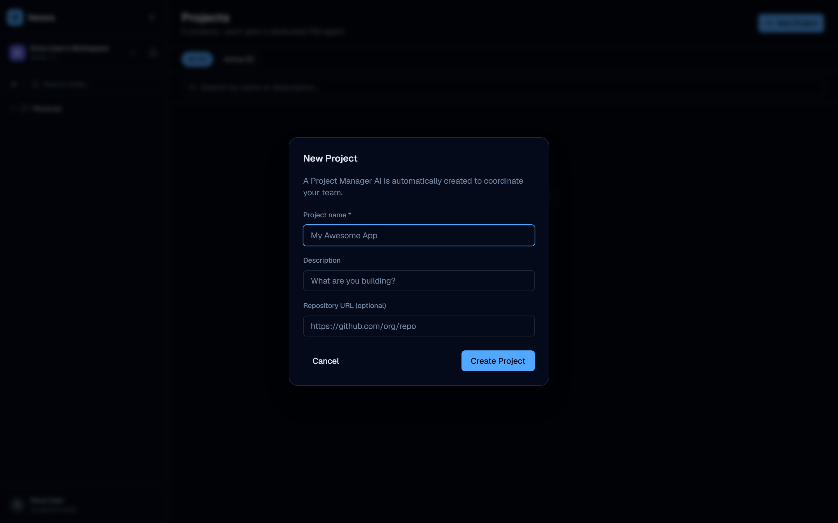 New Project modal