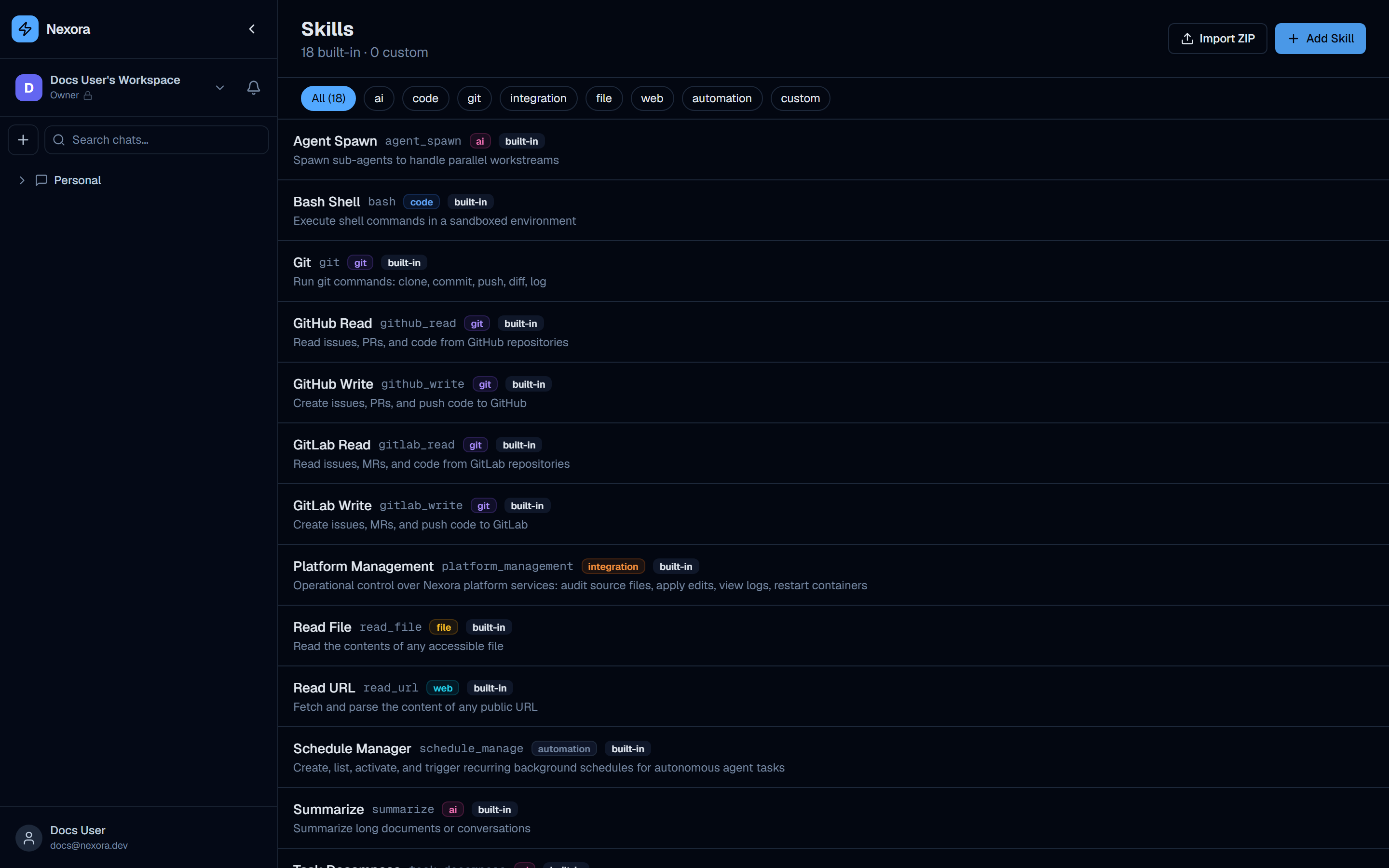 Skills page showing 16 built-in skills with category filter chips