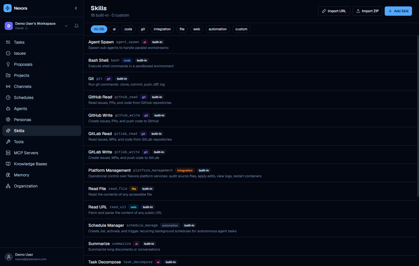 Skills page showing 15 built-in skills with category filter chips