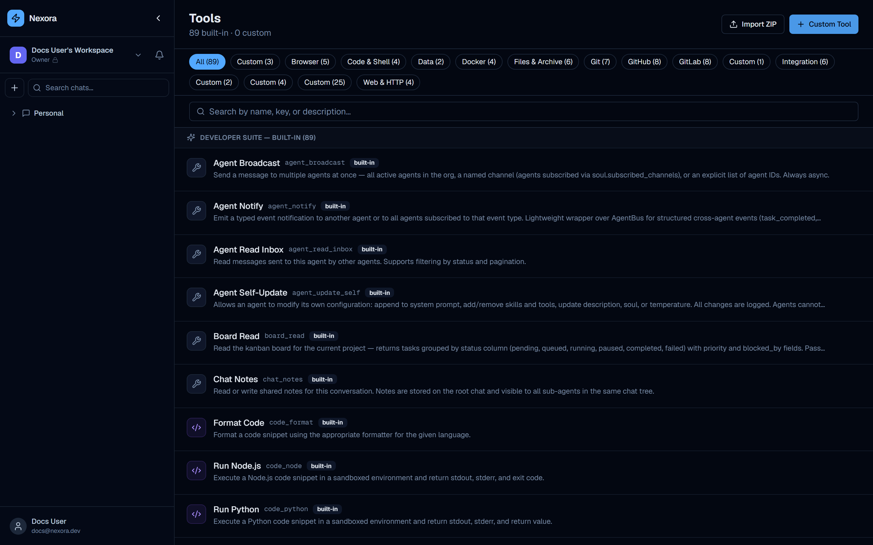 Tools page showing the built-in tool library
