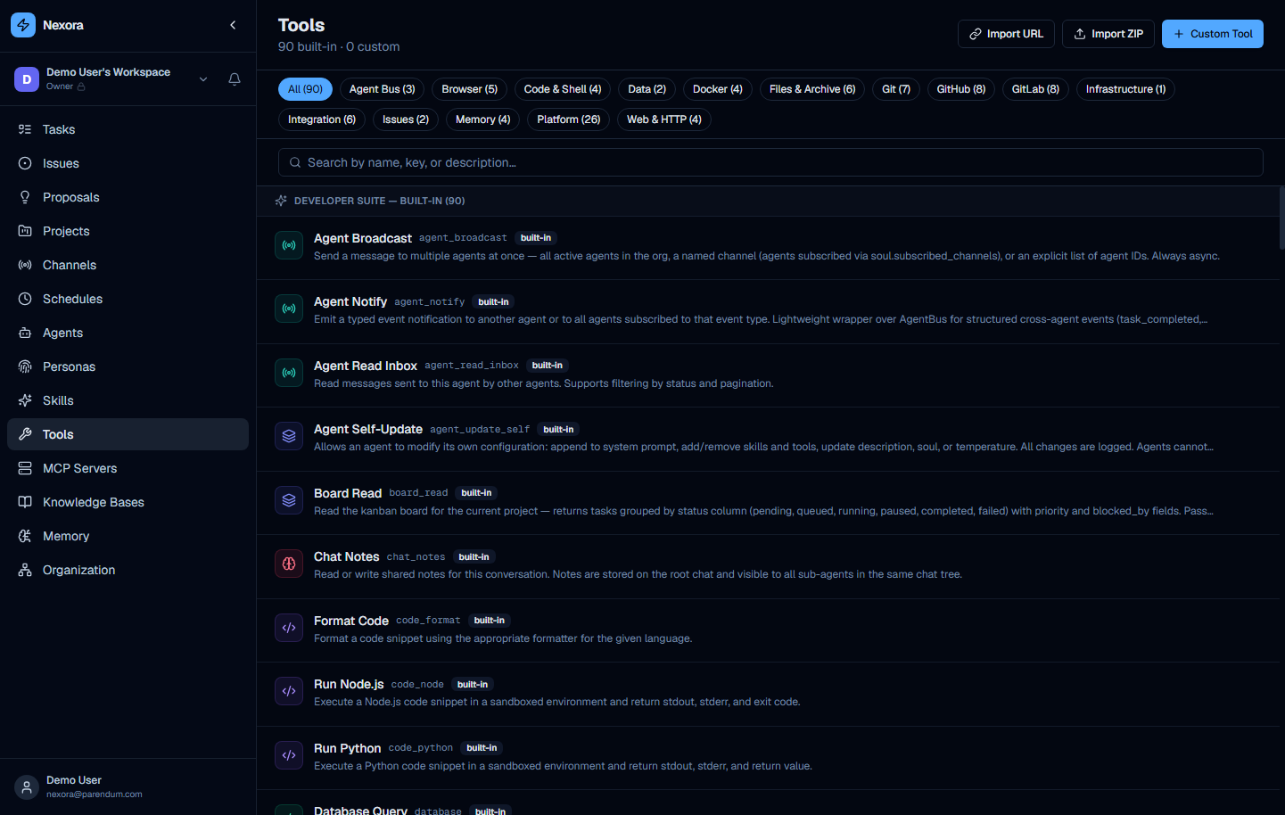 Tools page showing the built-in tool library