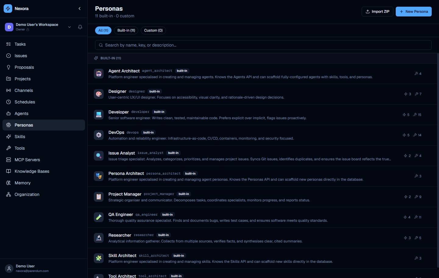 Personas page showing the built-in persona library