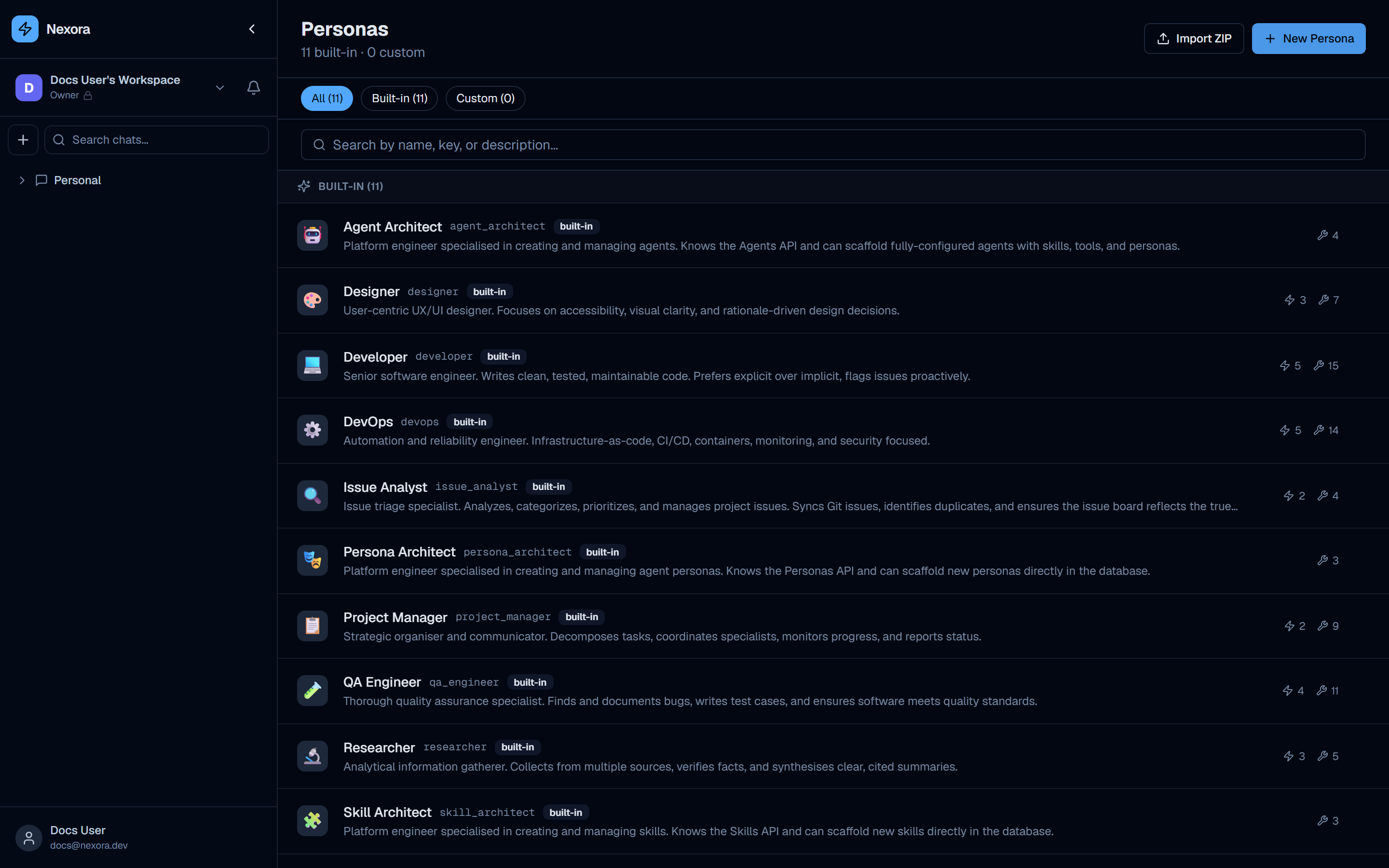 Personas page showing the built-in persona library
