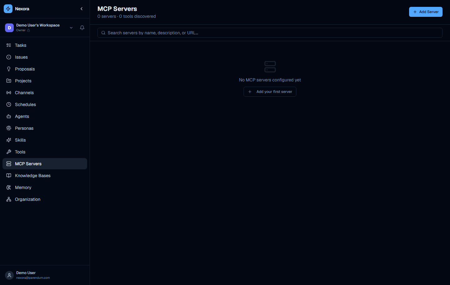 MCP Servers page showing empty state with "No MCP servers configured yet" message and Add Server button