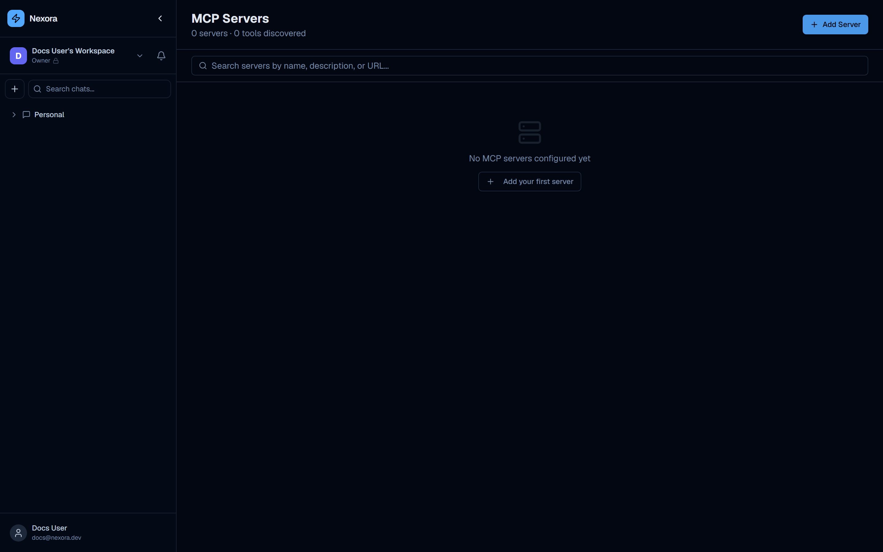 MCP Servers page showing empty state with "No MCP servers configured yet" message and Add Server button