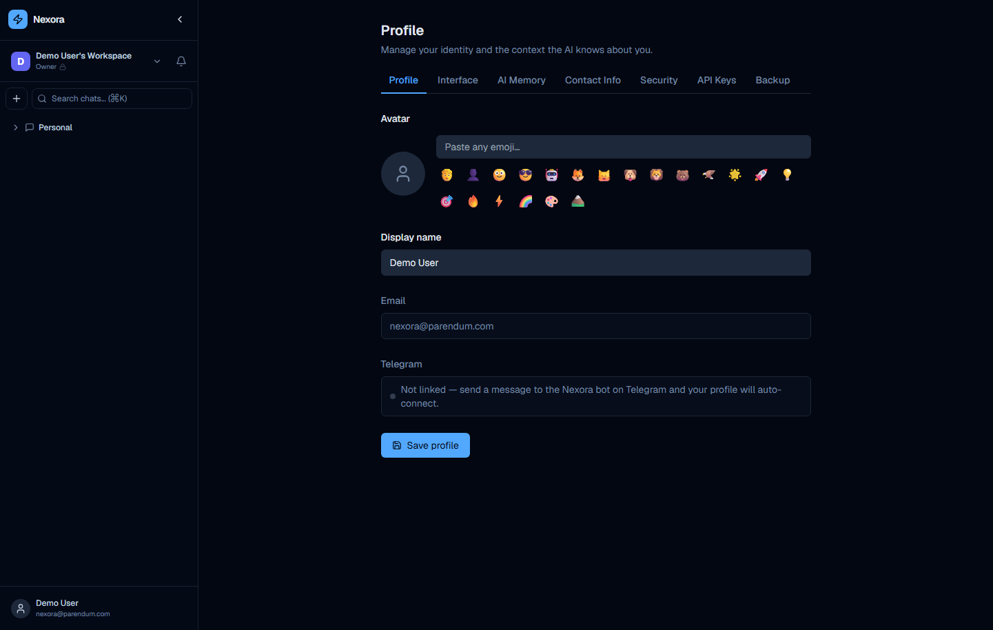 Profile page showing seven tabs: Profile, Interface, AI Memory, Contact Info, Security, API Keys, Backup