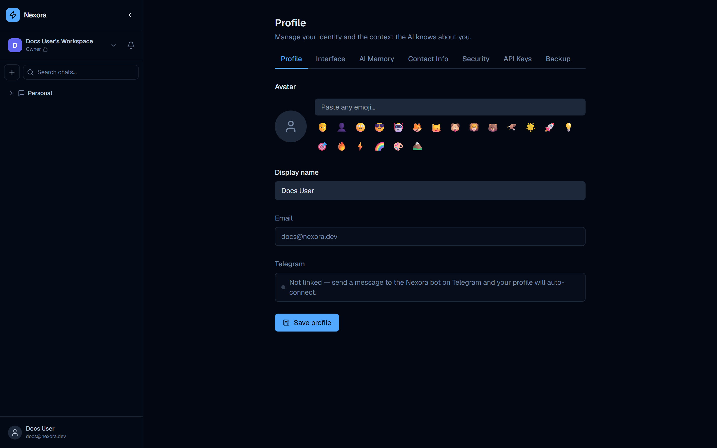 Profile page showing seven tabs: Profile, Interface, AI Memory, Contact Info, Security, API Keys, Backup