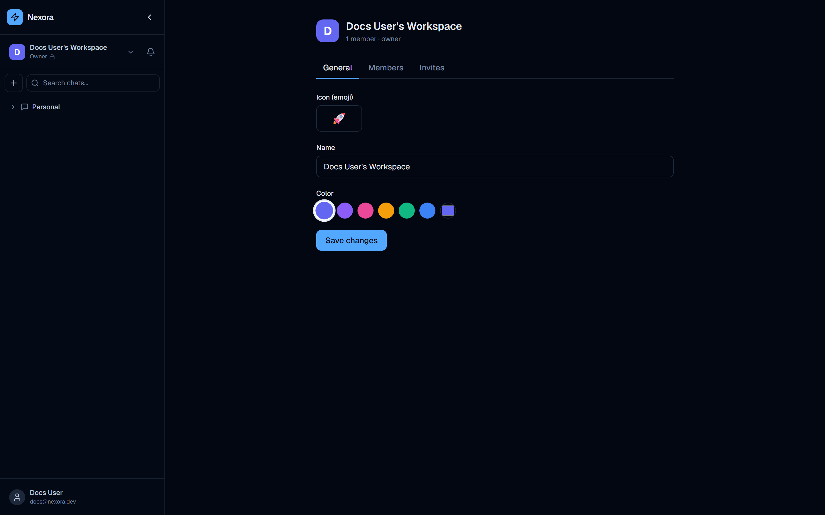 Organization page showing three tabs: General, Members, Invites — with emoji icon picker and color swatches visible