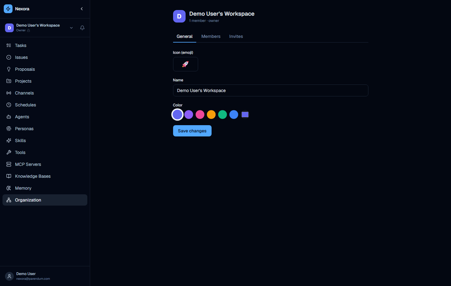 Organization page showing three tabs: General, Members, Invites — with emoji icon picker and color swatches visible