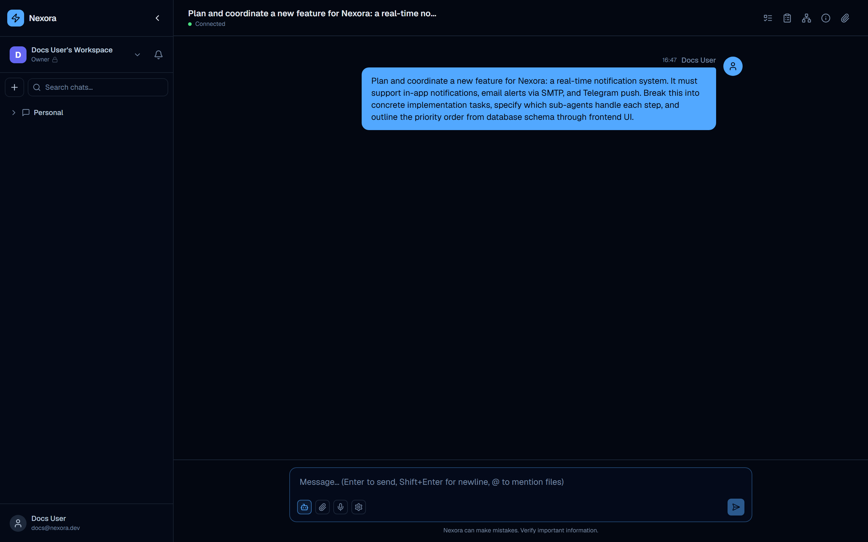 Full chat interface with a message in progress
