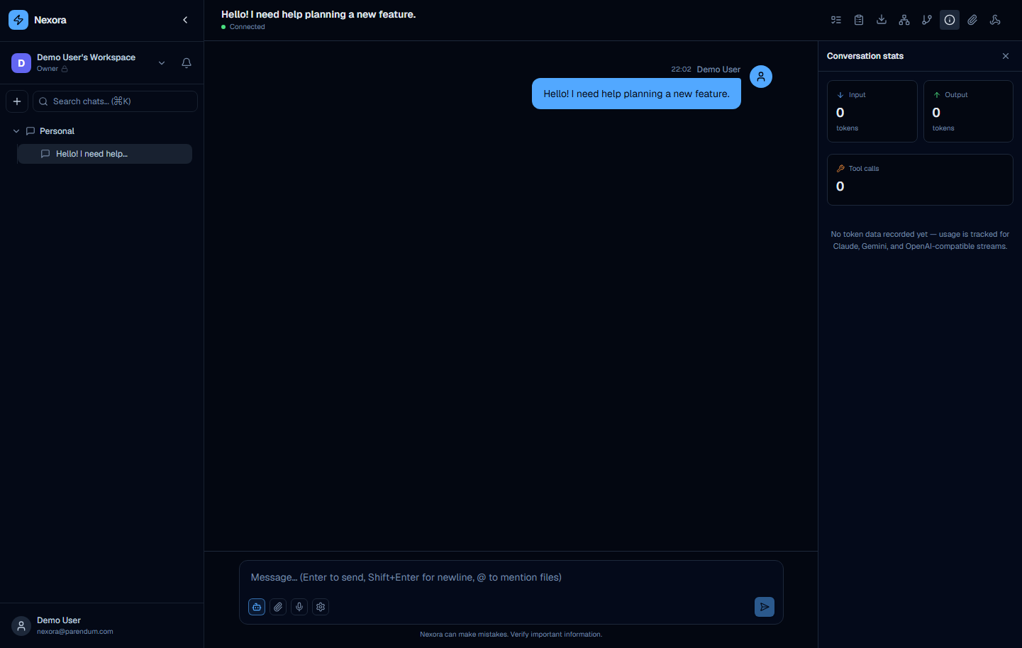 Conversation stats panel showing token usage