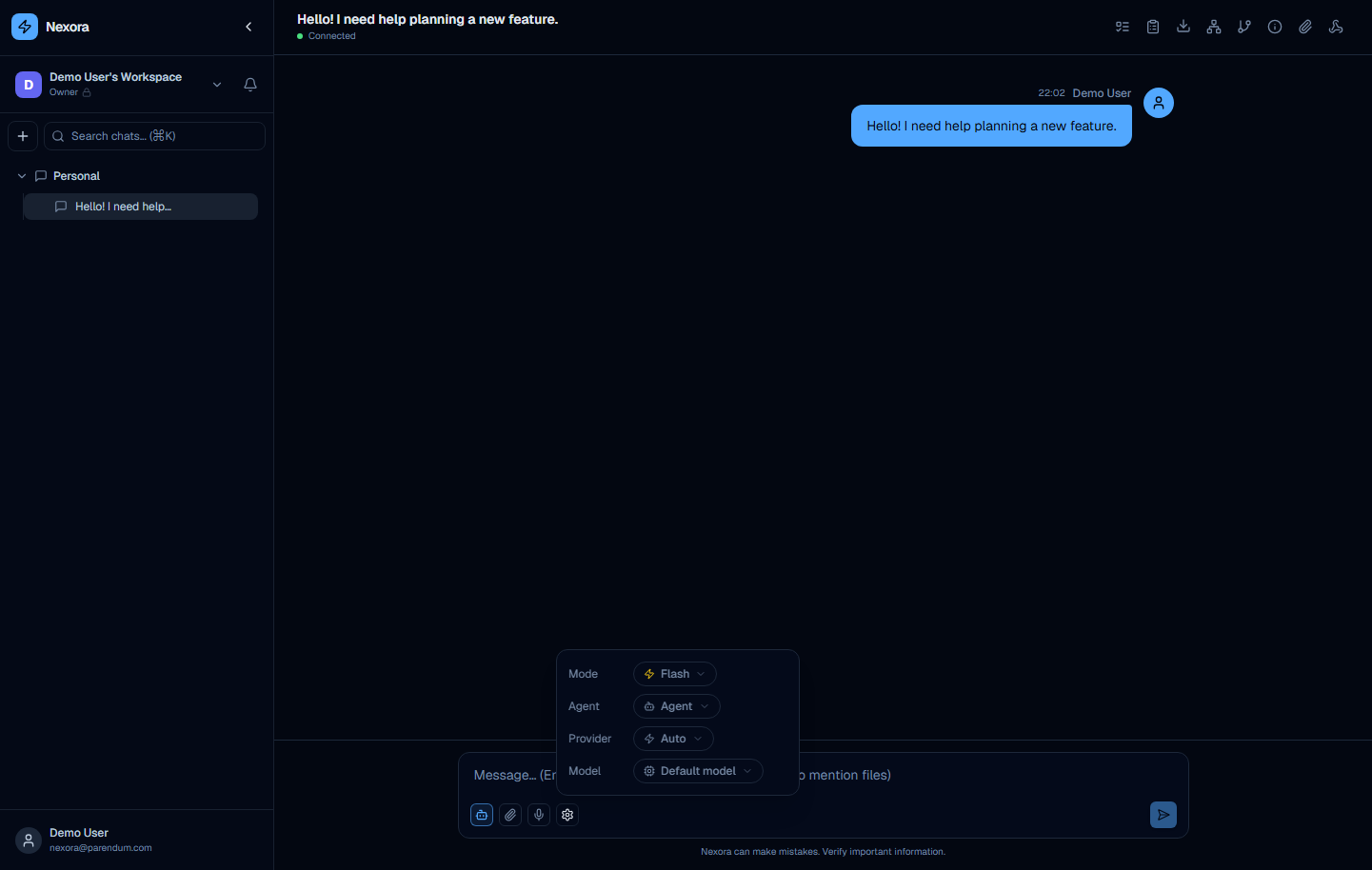 Chat settings popup showing Mode, Agent, Provider, and Model dropdowns