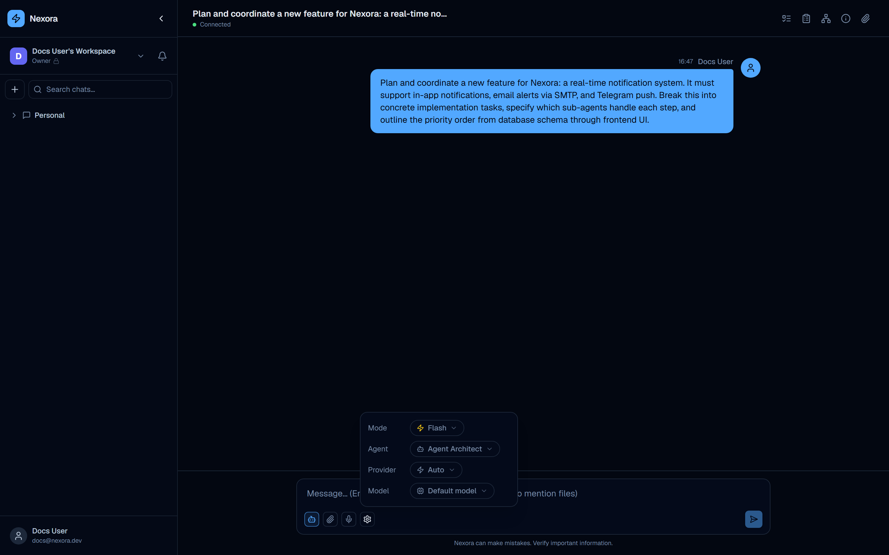 Chat settings popup showing Mode, Agent, Provider, and Model dropdowns