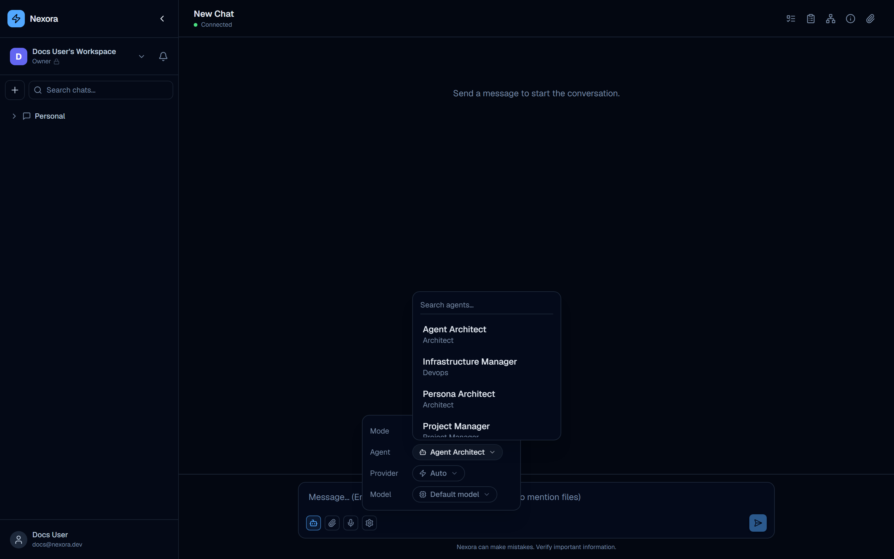 Agent selector dropdown showing all 12 agents with Project Manager highlighted