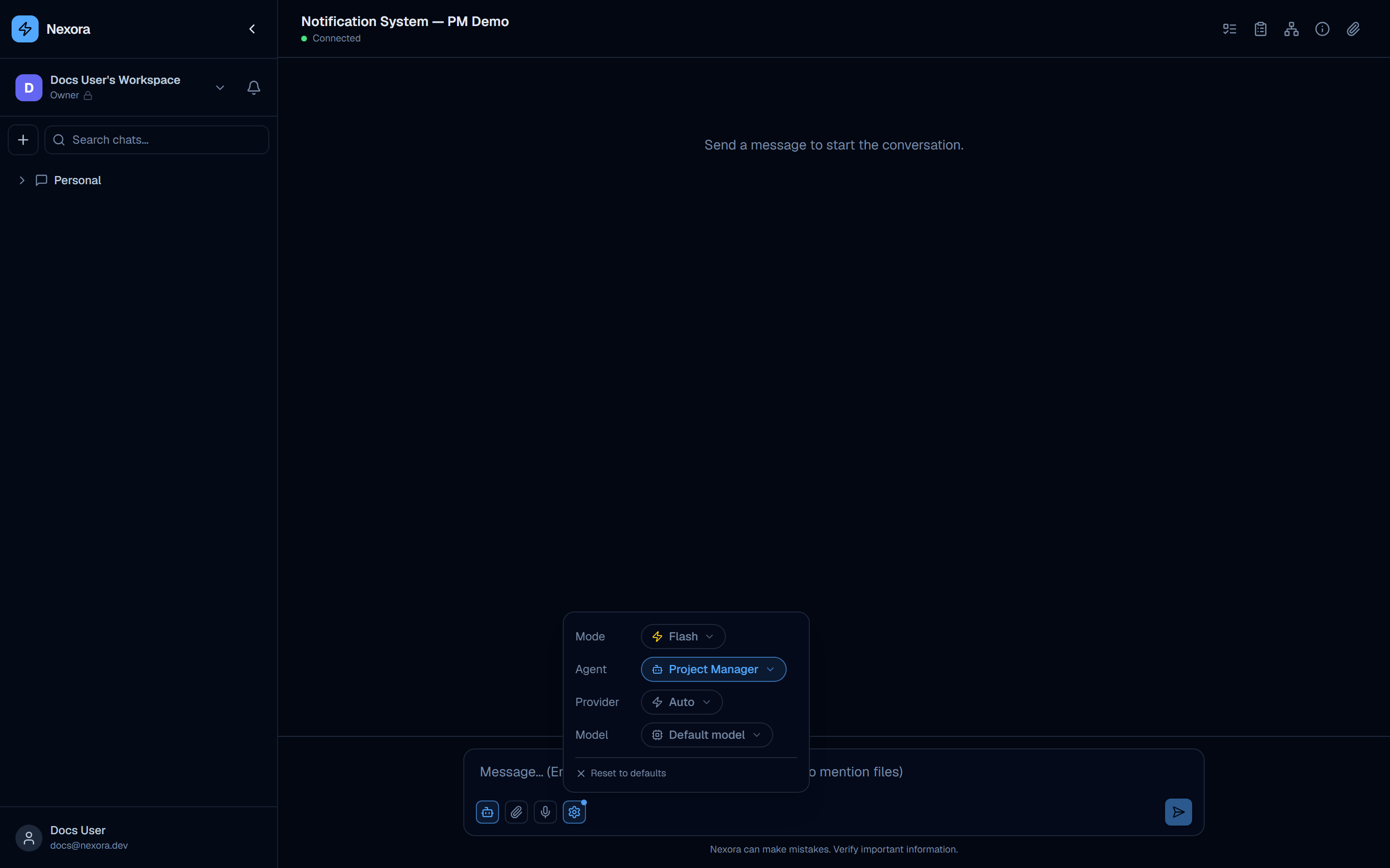Chat settings popup showing Project Manager selected as the active agent