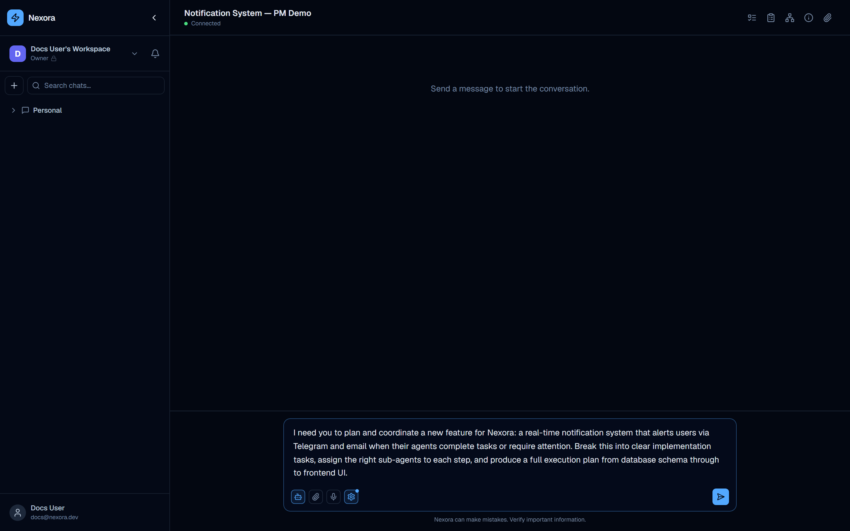 Message input showing the PM objective typed and ready to send