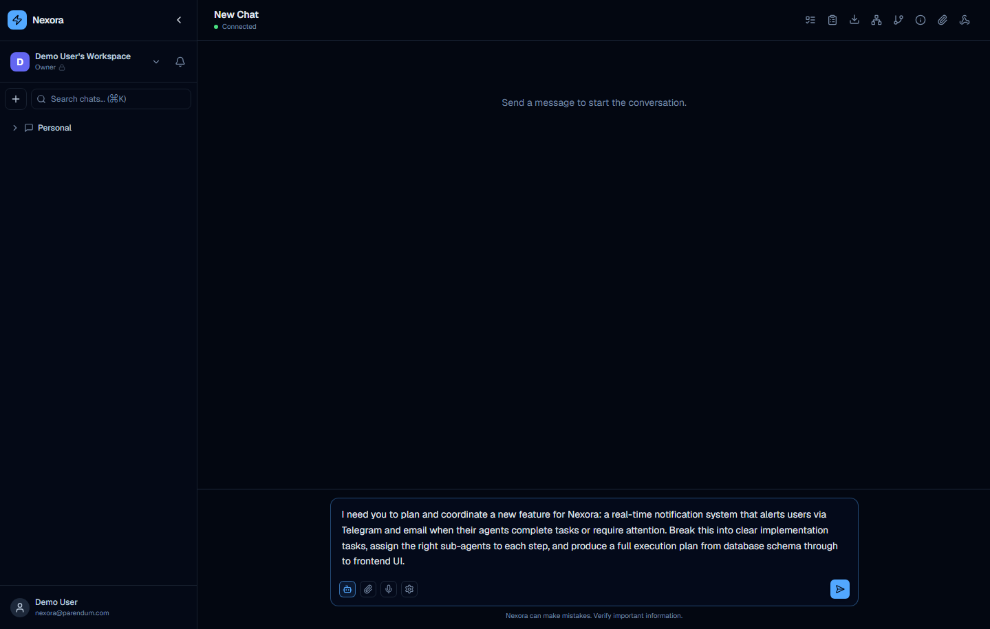 Message input showing the PM objective typed and ready to send