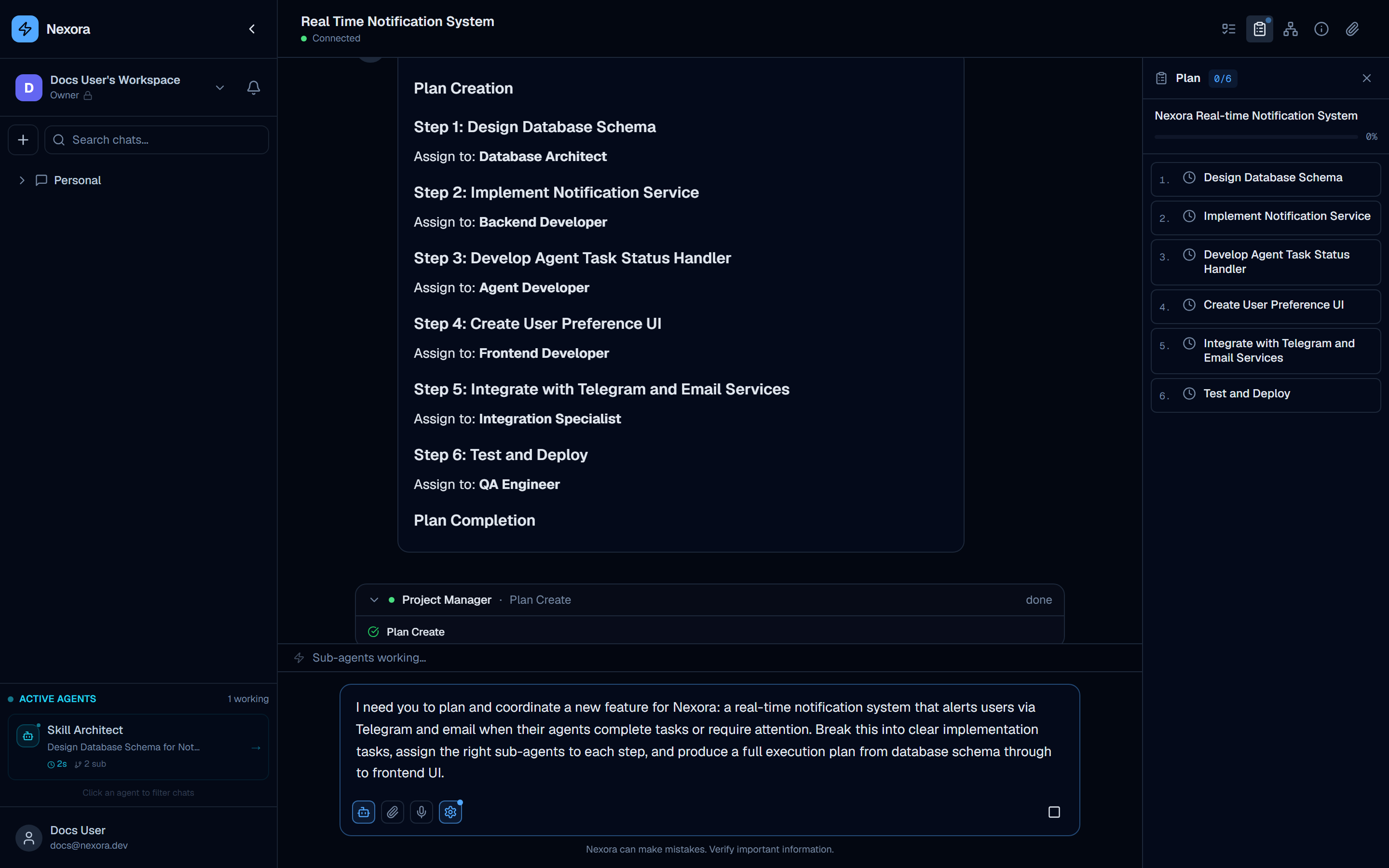 Live PM session showing the execution plan with 6 steps and sub-agents working in the sidebar