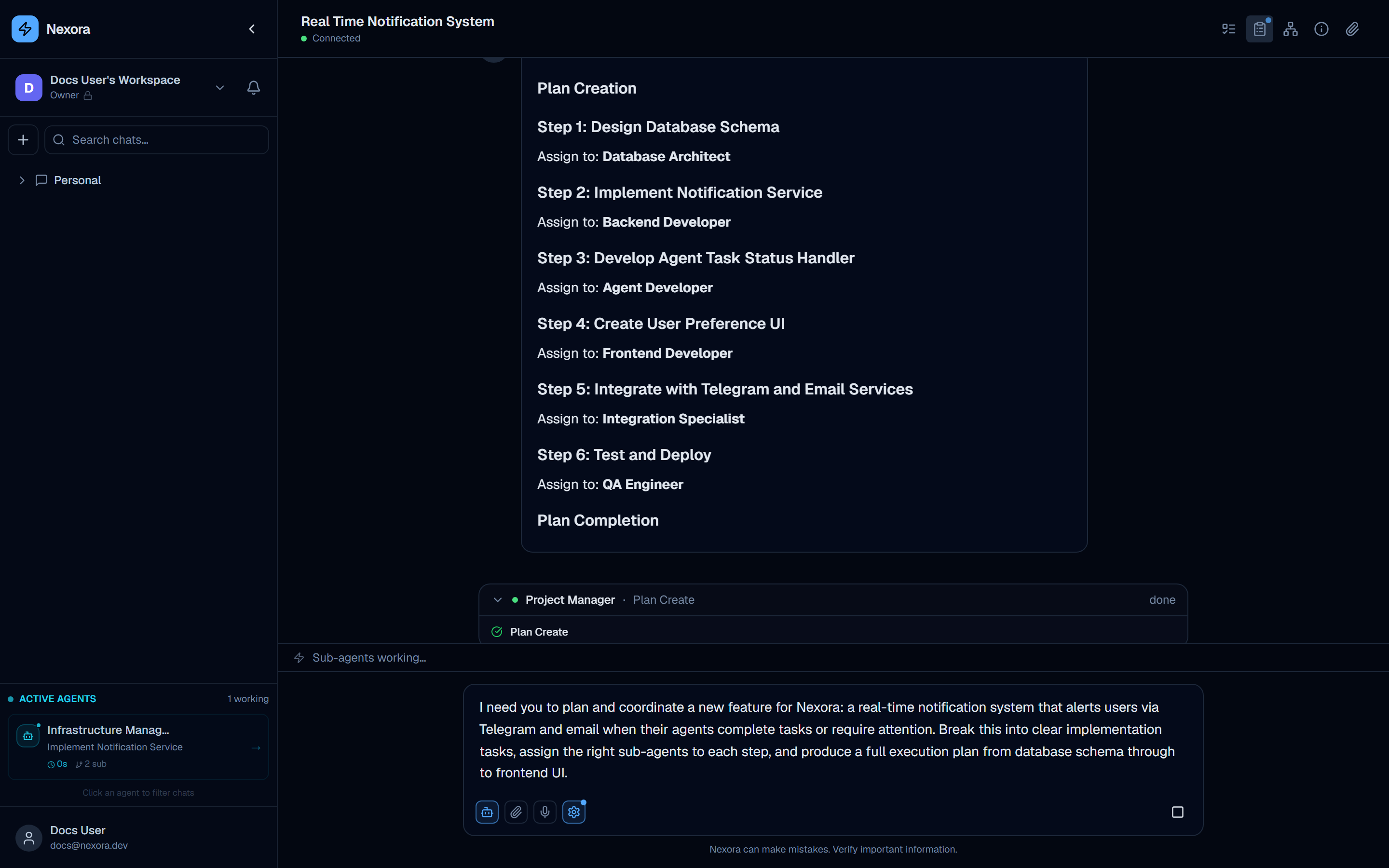 Execution plan panel showing the 6-step plan with sub-agent assignments for each step