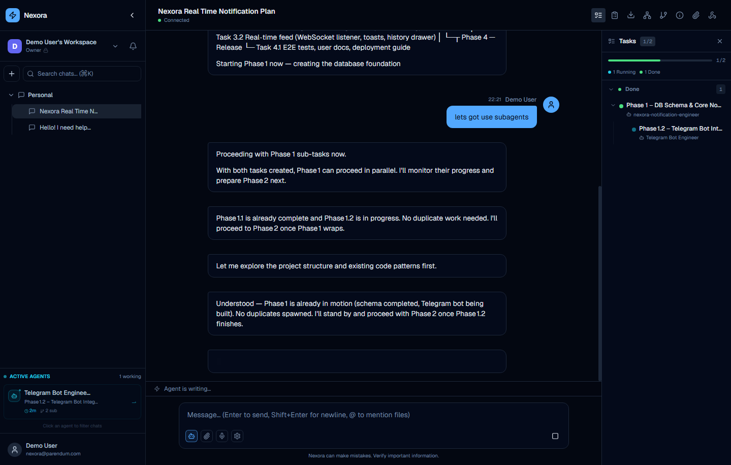 Task tree panel showing 3 tasks completed out of 3, with Scrum Master and Infrastructure Manager active