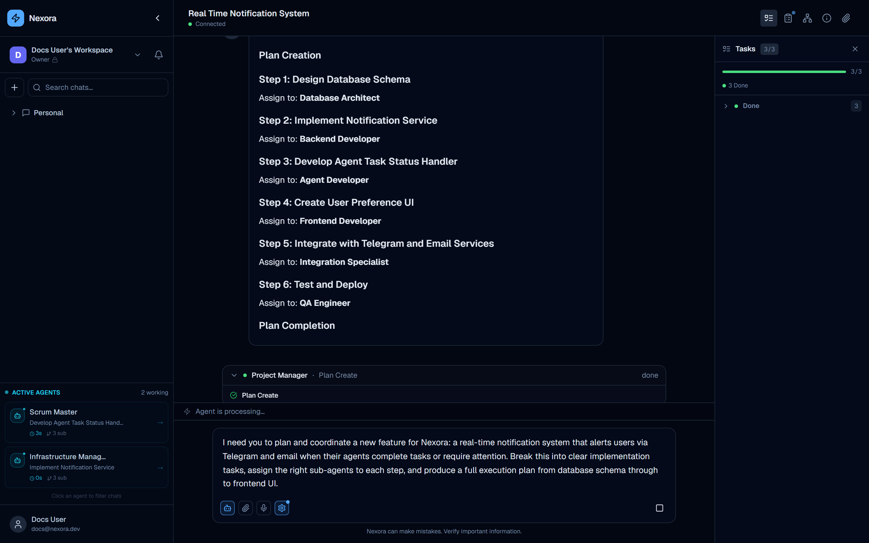 Task tree panel showing 3 tasks completed out of 3, with Scrum Master and Infrastructure Manager active