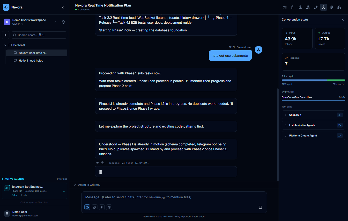 Conversation stats panel showing 45.8k input tokens, 2.7k output, 5 tool calls, provider breakdown by Groq