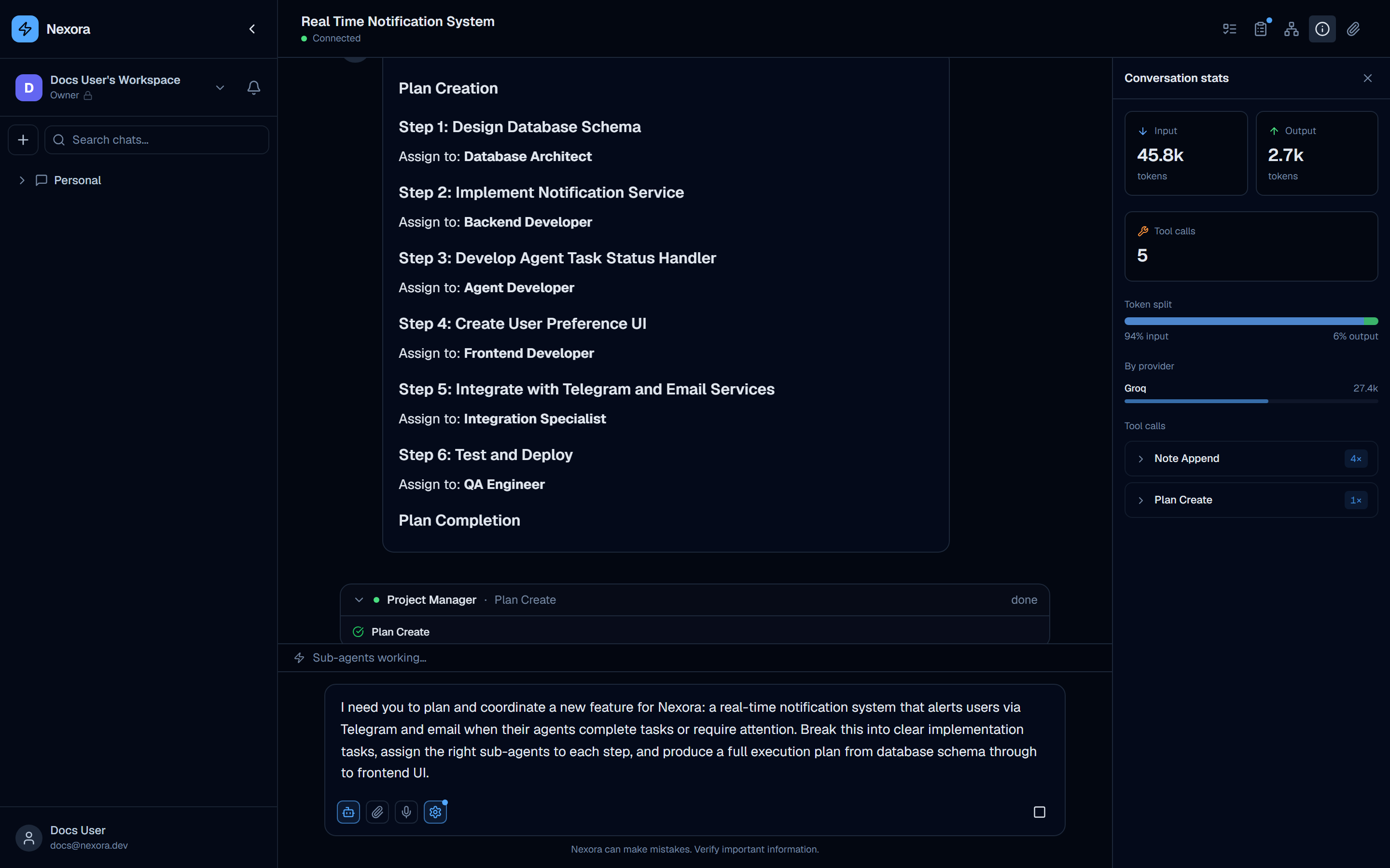Conversation stats panel showing 45.8k input tokens, 2.7k output, 5 tool calls, provider breakdown by Groq