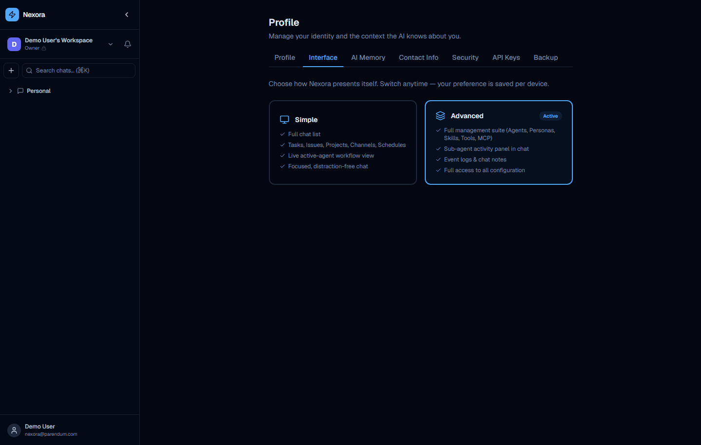 Advanced mode card selected in the Interface tab