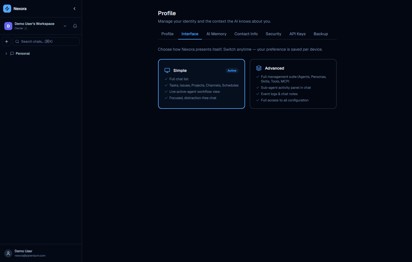 Interface tab showing Simple and Advanced mode selection cards