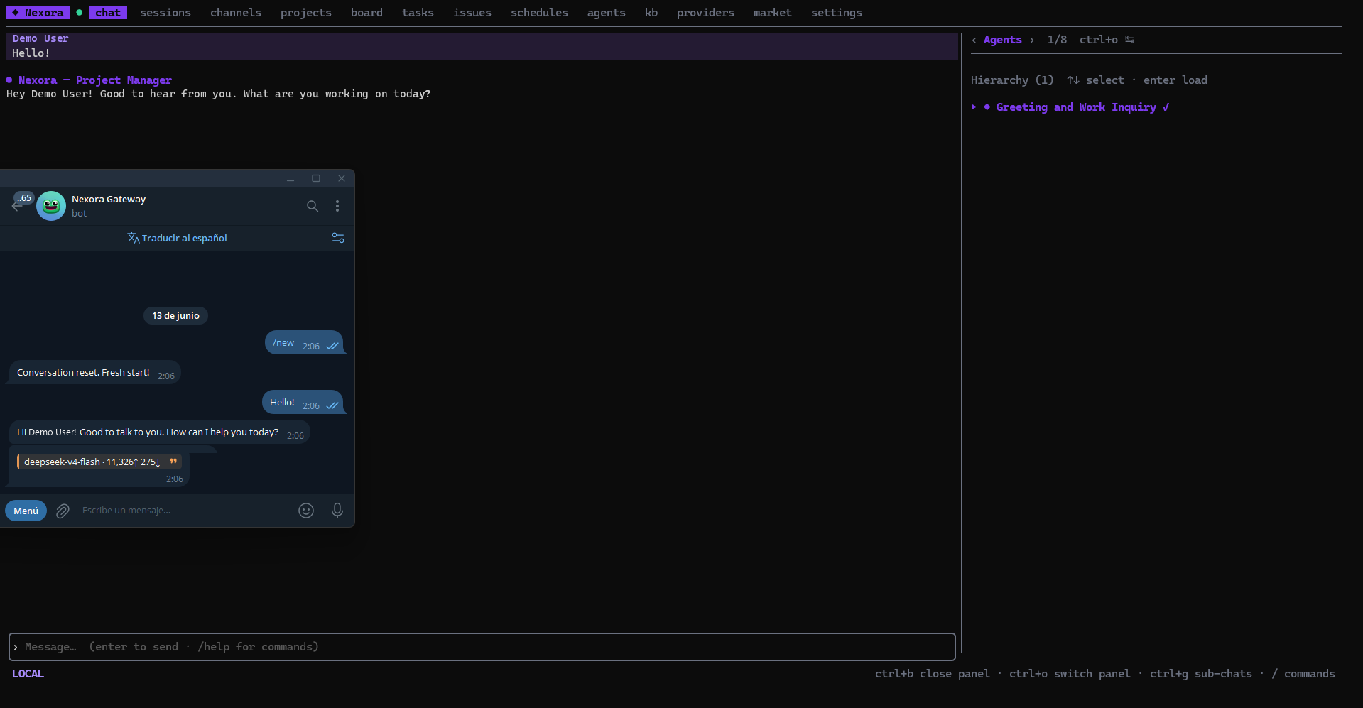 Open channel conversation in the TUI alongside the Telegram client