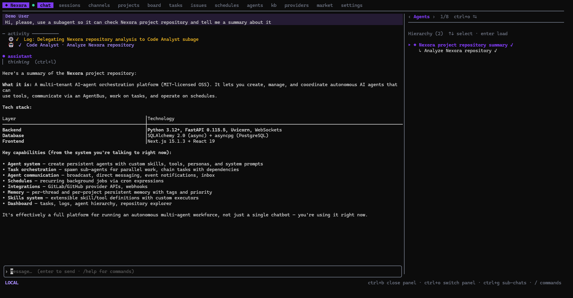 Chat with the agent-hierarchy tree panel open