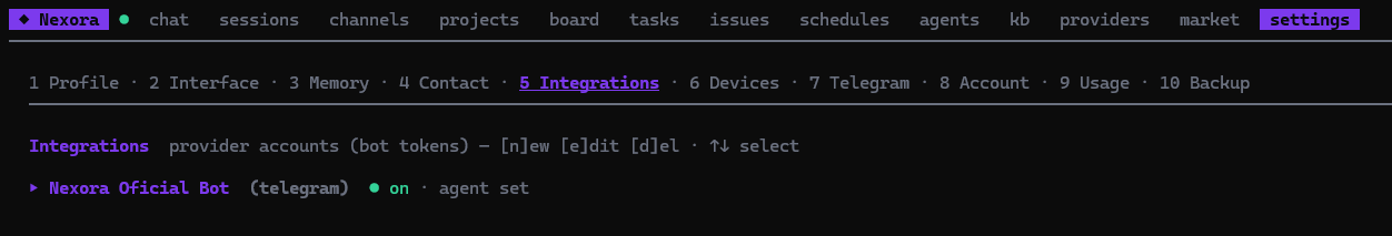 Settings → Integrations subtab — Telegram bot account